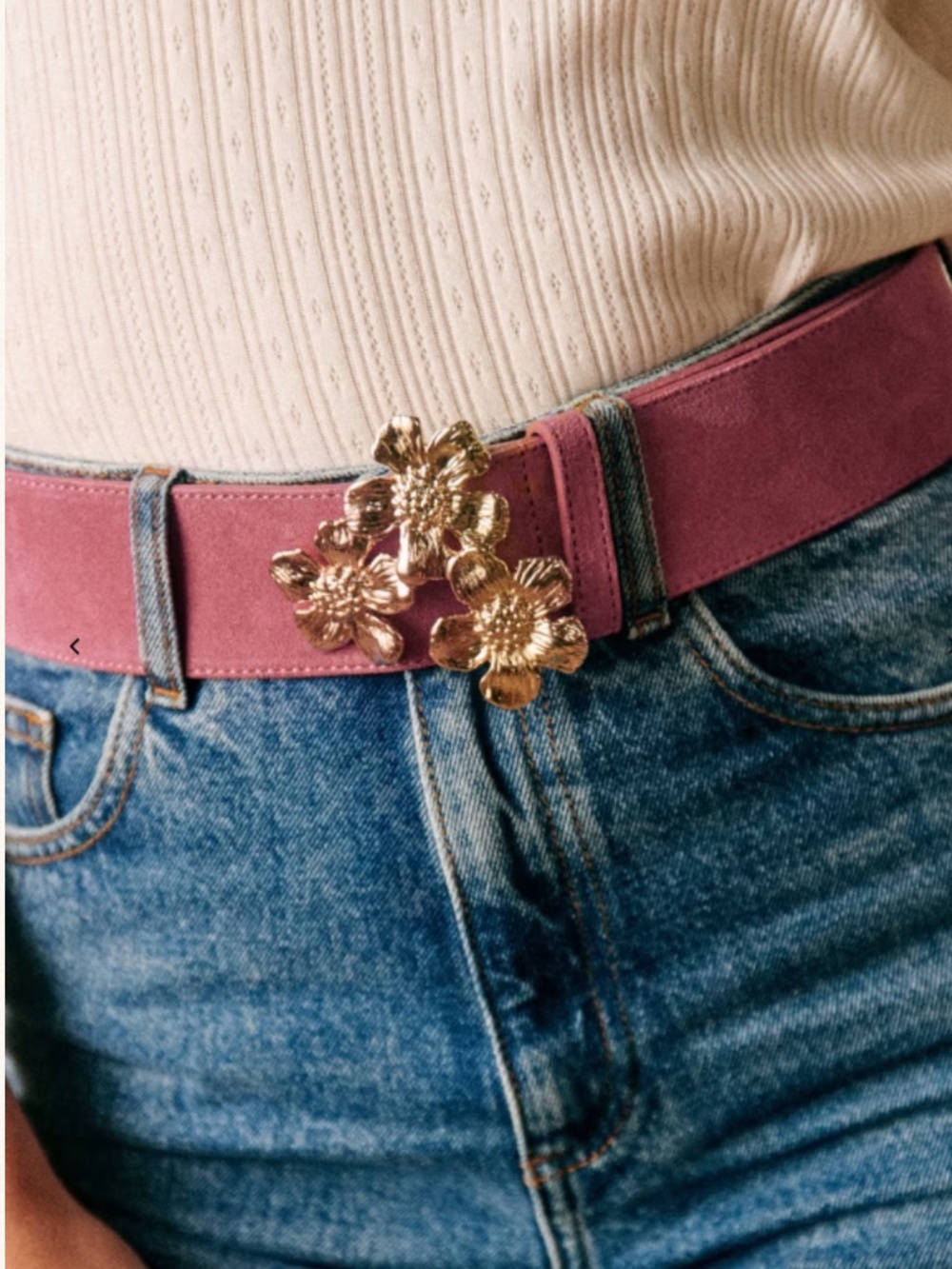 Sezane Nine Belt in Suede Peony, Size 80, with gorgeous Floral Gold Buckle, NWT